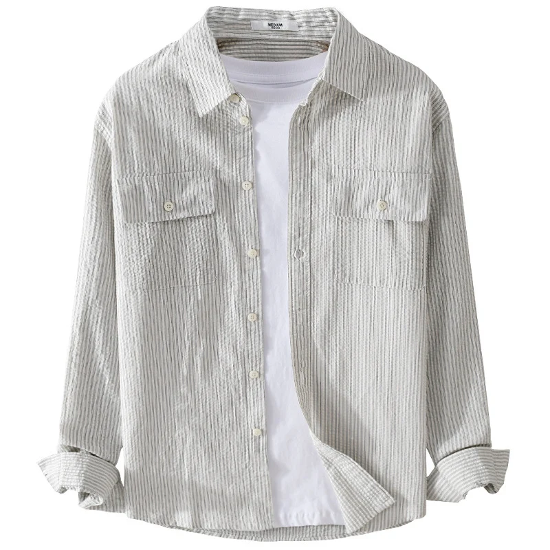 Herren Leichtes Overshirt im Nadelstreifen-Look aus Leinen‑Baumwollmix mit aufgesetzten Brusttaschen Nord Taschen