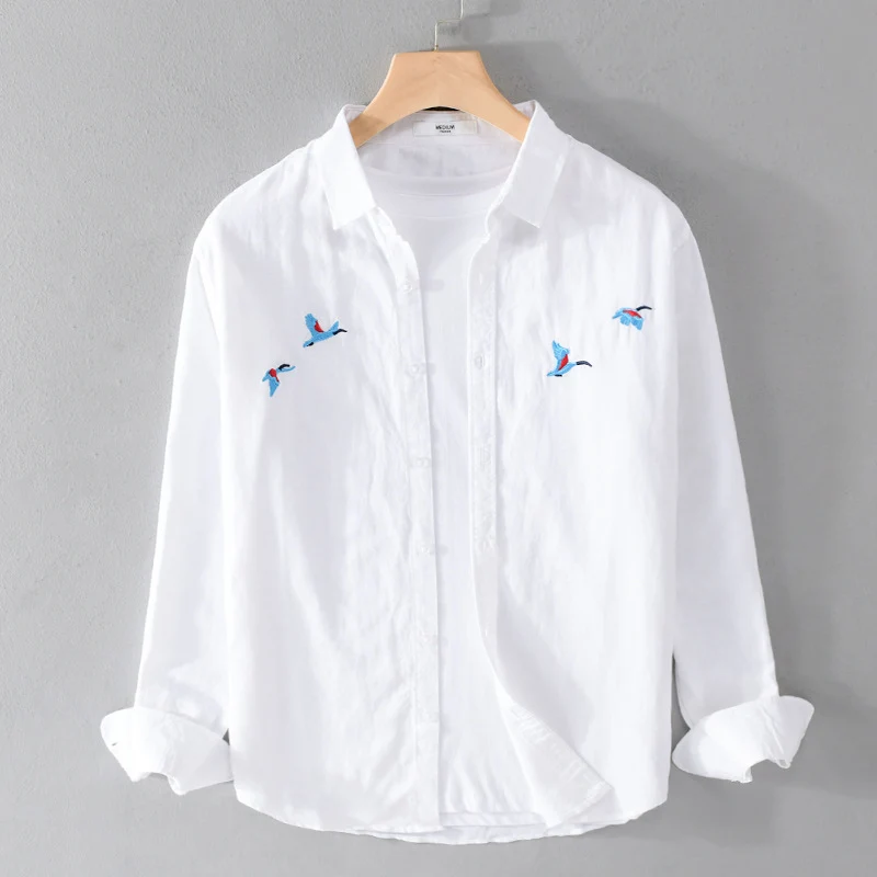 Herren Leichtes Leinenhemd mit feiner Vogelstickerei und Relaxed Fit Nord Taschen
