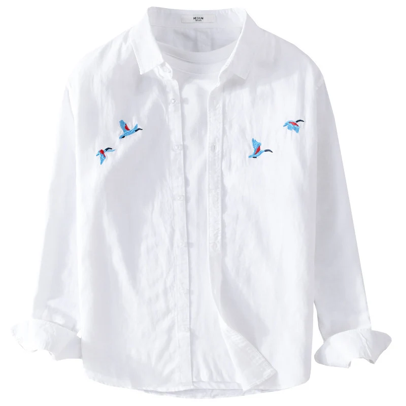 Herren Leichtes Leinenhemd mit feiner Vogelstickerei und Relaxed Fit Nord Taschen