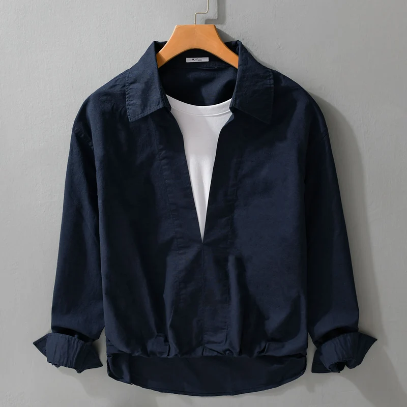 Herren Leichtes Leinen-Overshirt mit V-Ausschnitt, Hemdkragen und elastischem Saum Nord Taschen