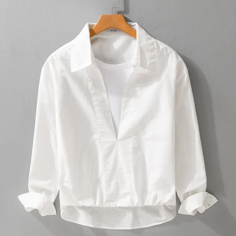 Herren Leichtes Leinen-Overshirt mit V-Ausschnitt, Hemdkragen und elastischem Saum Nord Taschen
