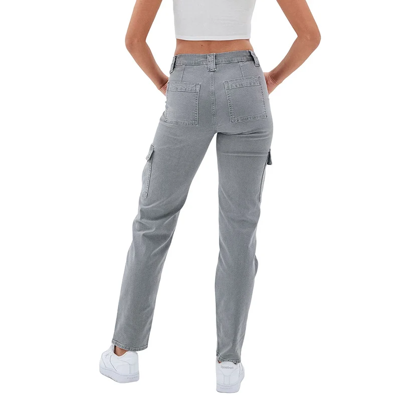 Damen Hochtaillierte Cargohose aus Denim mit geradem Bein und Mehrfachtaschen Nord Taschen
