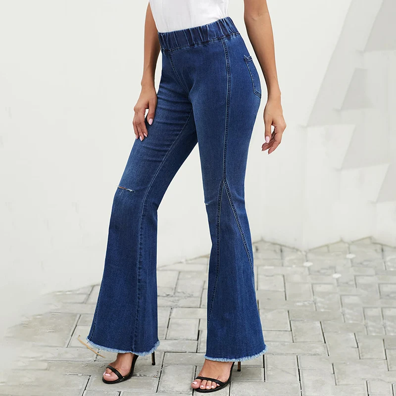 Damen hochtaillierte ausgestellte Denim-Hose mit elastischem Tunnelzugbund, Ziernähten und rohem Saum Nord Taschen