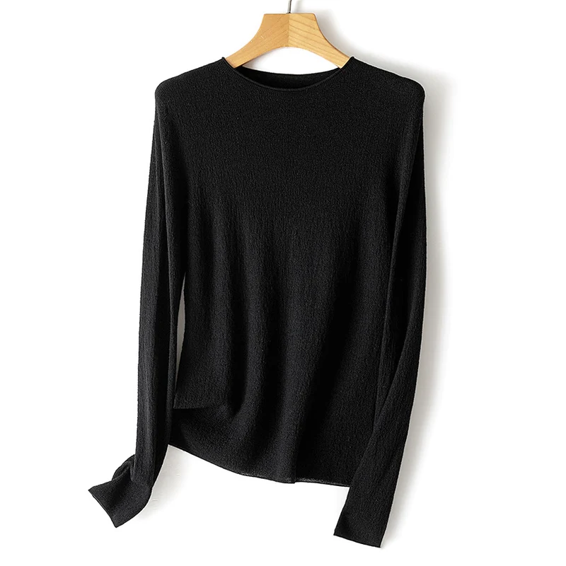 Damen Leichter strukturierter Langarm-Strickpullover mit Rundhals und feiner Crinkle-Optik Nord Taschen