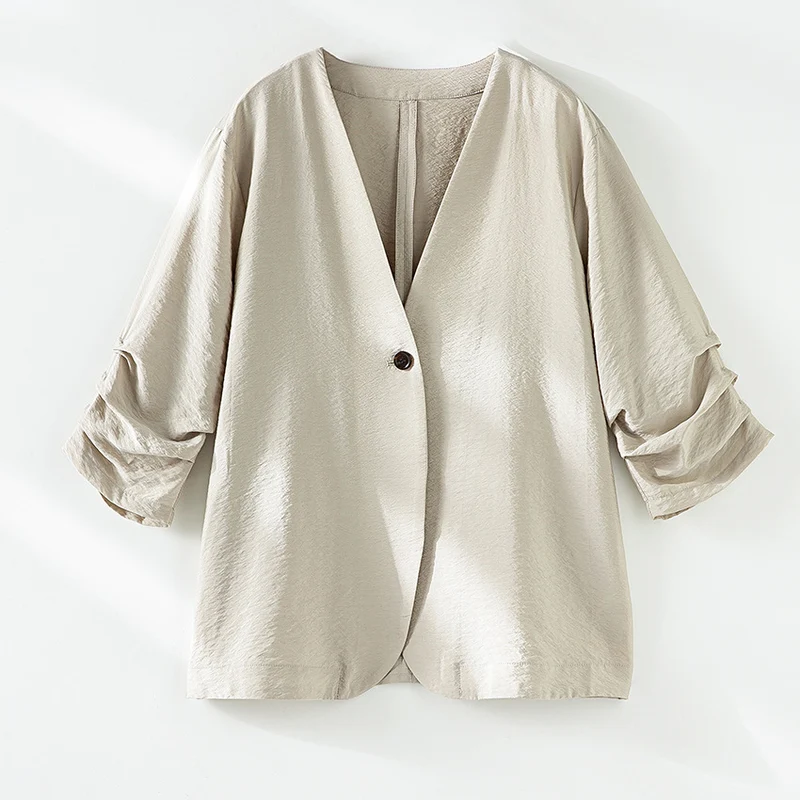 Damen Leichter Oversize-Blazer mit V-Ausschnitt, Ein-Knopf-Verschluss und gerafften Dreiviertelärmeln Nord Taschen