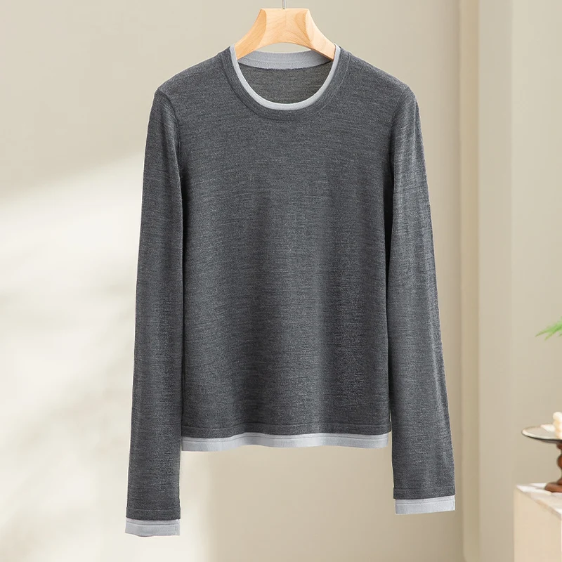 Damen Leichter Feinstrick-Langarmpullover mit Kontrastbündchen und Rundhalsausschnitt Nord Taschen