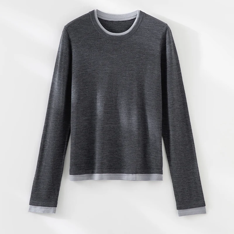 Damen Leichter Feinstrick-Langarmpullover mit Kontrastbündchen und Rundhalsausschnitt Nord Taschen