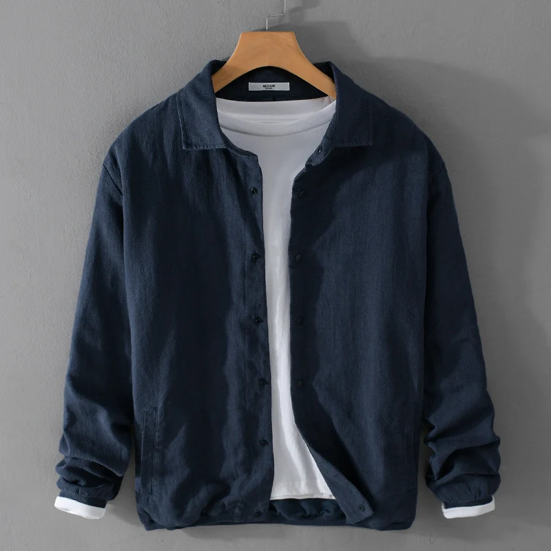 Herren Leichte Leinenjacke mit Hemdkragen, Relaxed Fit und Druckknopfleiste Nord Taschen
