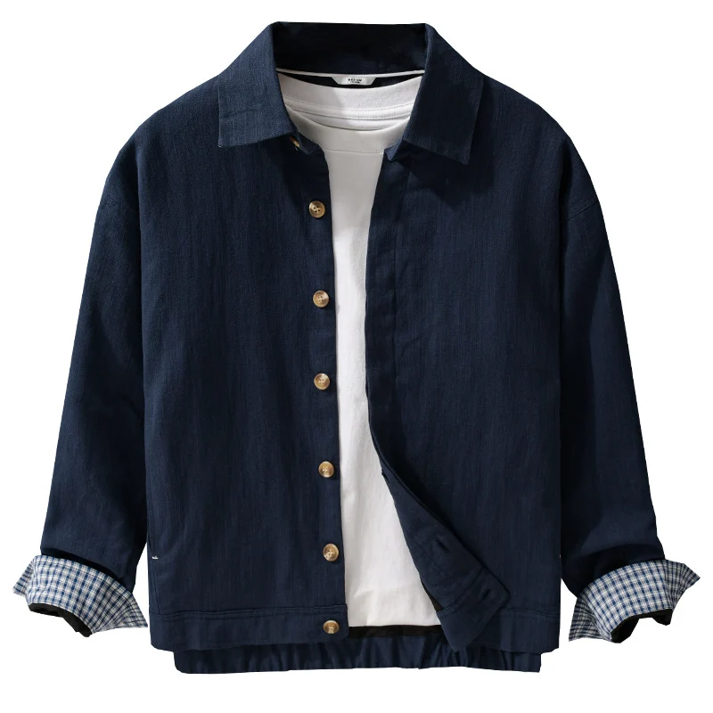 Herren Leichte Leinen-Überhemd-Jacke mit Hemdkragen und verdeckter Knopfleiste Nord Taschen