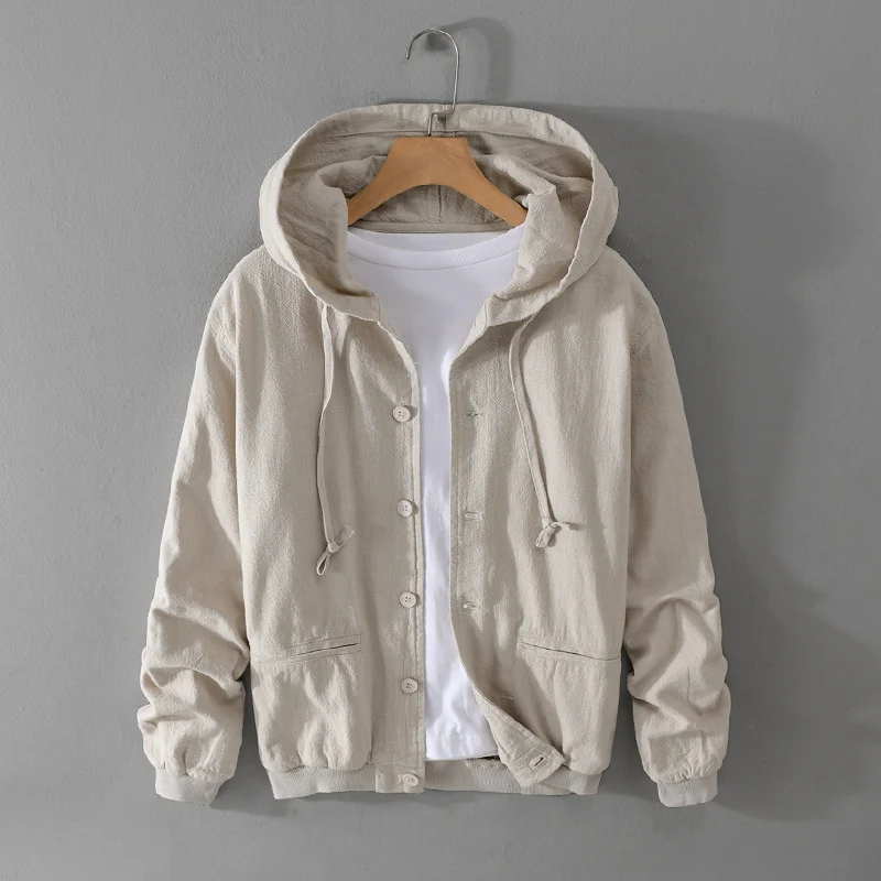 Herren Leichte Leinen-Hoodiejacke mit Knopfleiste und Kordelzug Nord Taschen