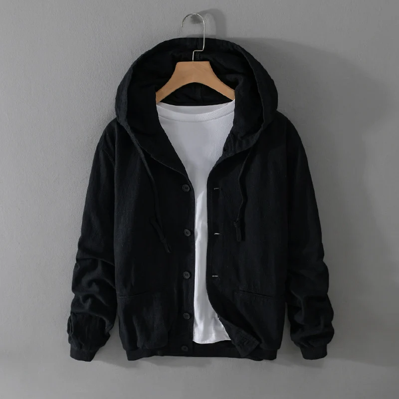Herren Leichte Leinen-Hoodiejacke mit Knopfleiste und Kordelzug Nord Taschen