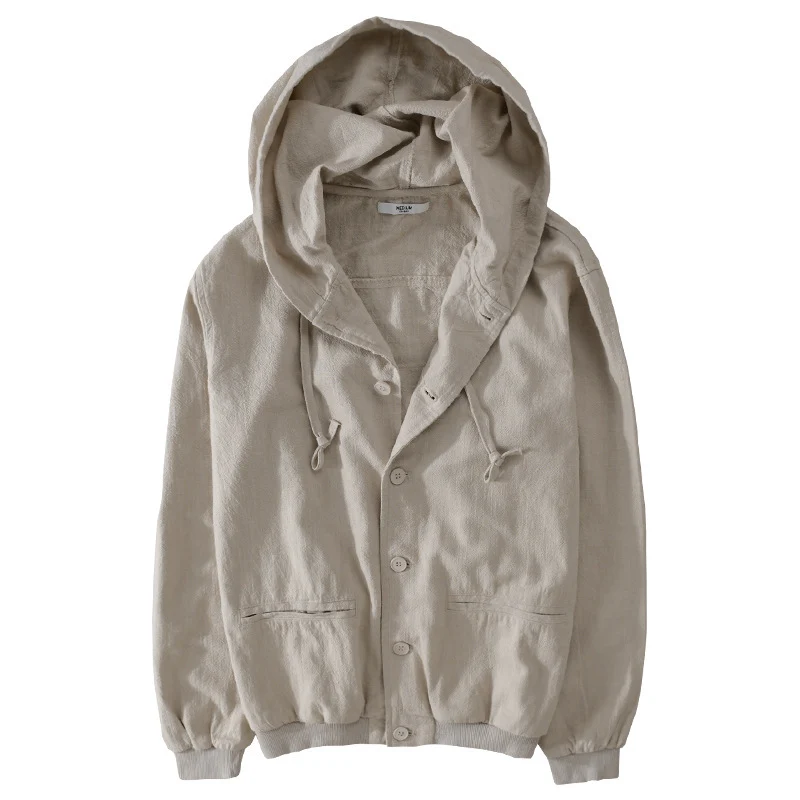 Herren Leichte Leinen-Hoodiejacke mit Knopfleiste und Kordelzug Nord Taschen