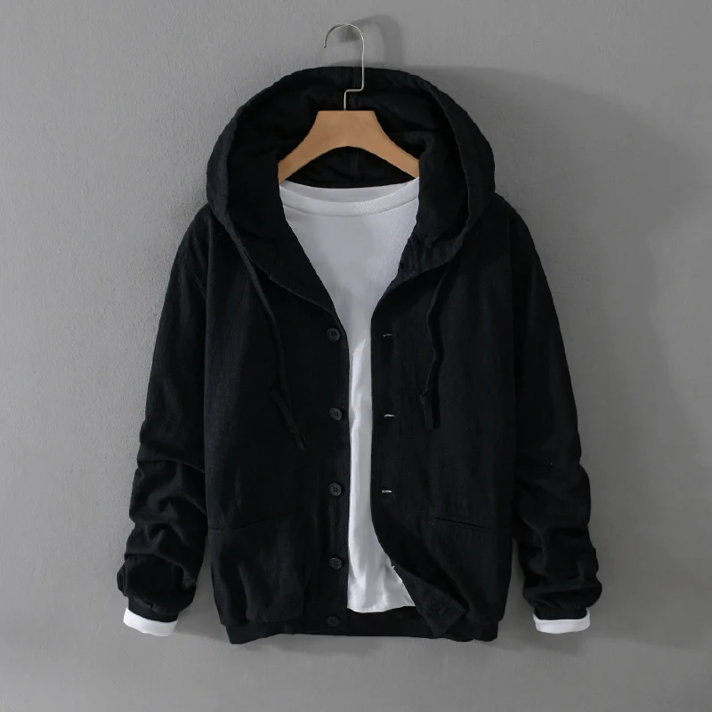 Herren Leichte Leinen-Hoodiejacke mit Knopfleiste und Kordelzug Nord Taschen