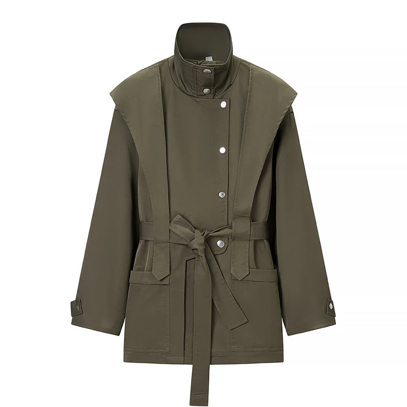 Damen Taillierte Übergangsjacke mit Stehkragen, Schultercape und Bindegürtel Nord Taschen