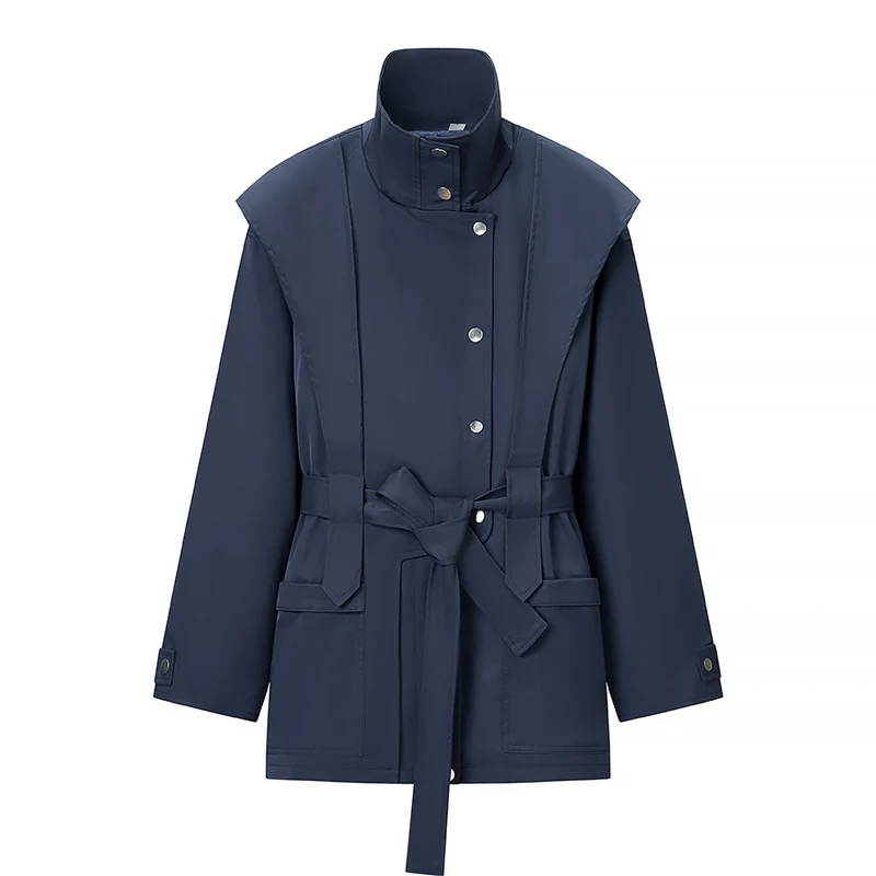 Damen Taillierte Übergangsjacke mit Stehkragen, Schultercape und Bindegürtel Nord Taschen