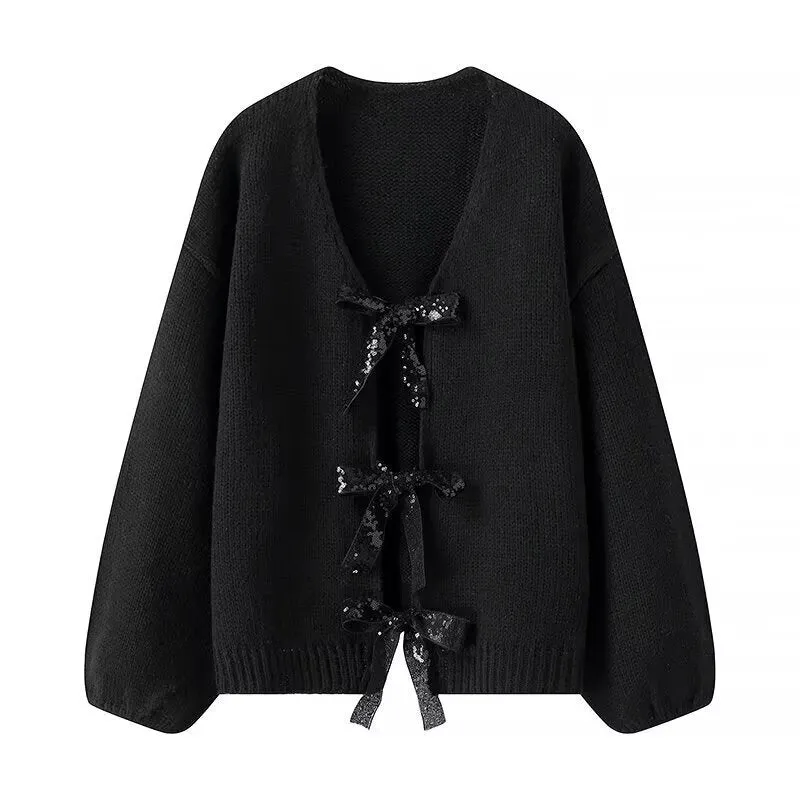 Damen Strickcardigan mit V-Ausschnitt und dreifachen Pailletten‑Schleifen Nord Taschen