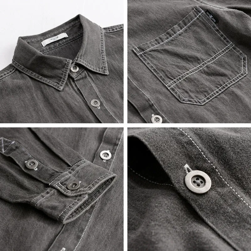 Herren Gewaschenes Denim-Overshirt im Workwear-Look mit Kontrastnähten Nord Taschen
