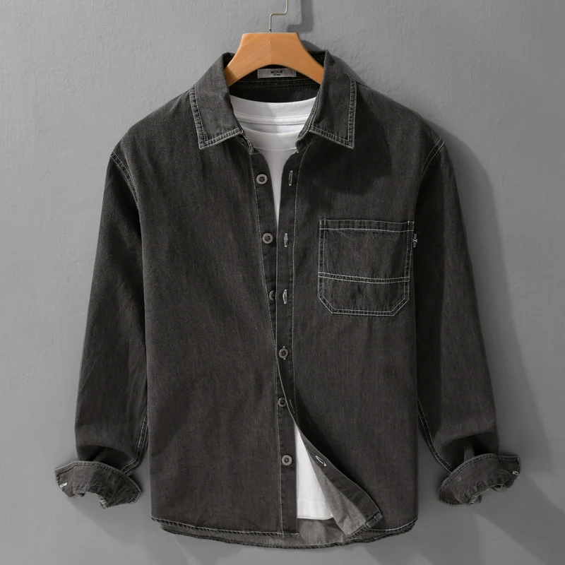 Herren Gewaschenes Denim-Overshirt im Workwear-Look mit Kontrastnähten Nord Taschen