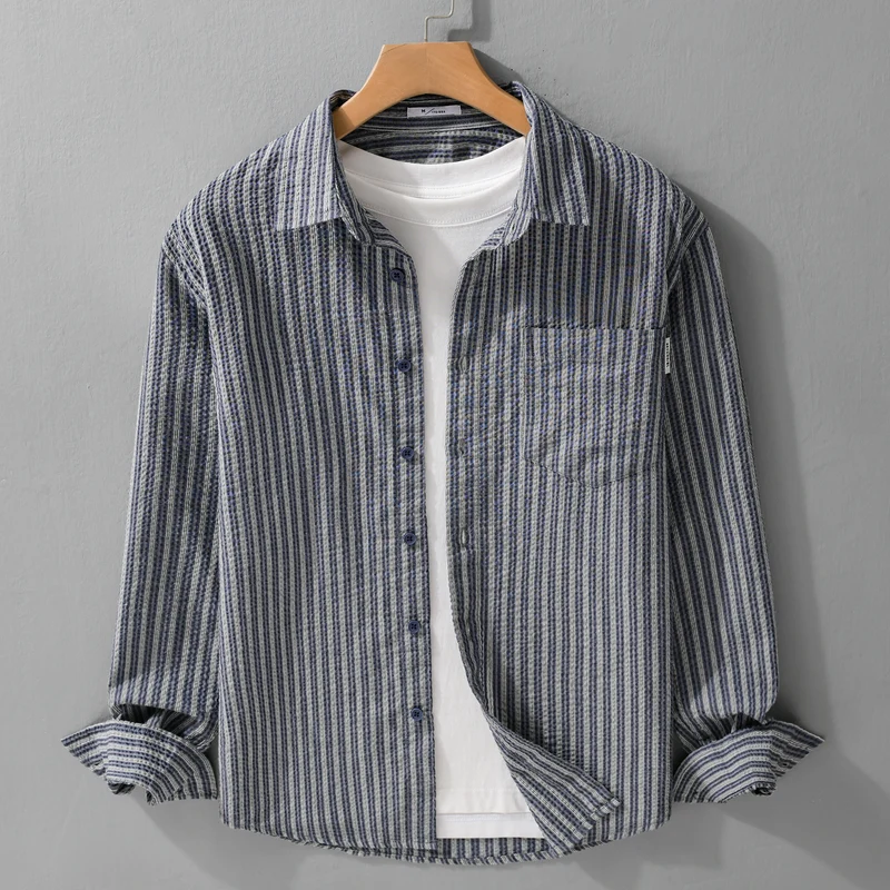Herren Gestreiftes Relaxed-Overshirt aus strukturiertem Baumwollmix mit Brusttasche Nord Taschen