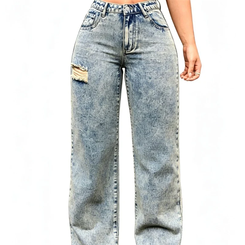 Damen High-Waist Relaxed-Jeans mit Steinwasch-Effekt und seitlichem aufgerissenem Einsatz Nord Taschen