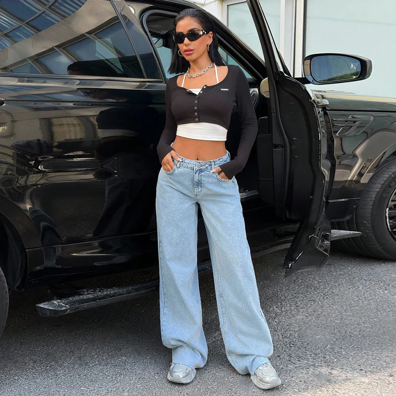 Damen High‑Waist Oversize-Jeans mit weitem Bein und seitlichen Keilschlitzen Nord Taschen
