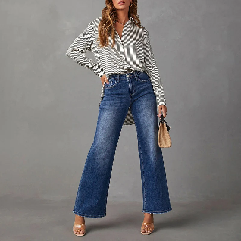 Damen High-Waist Denim-Schlaghose mit weitem Bein und leichter Vintage-Waschung Nord Taschen