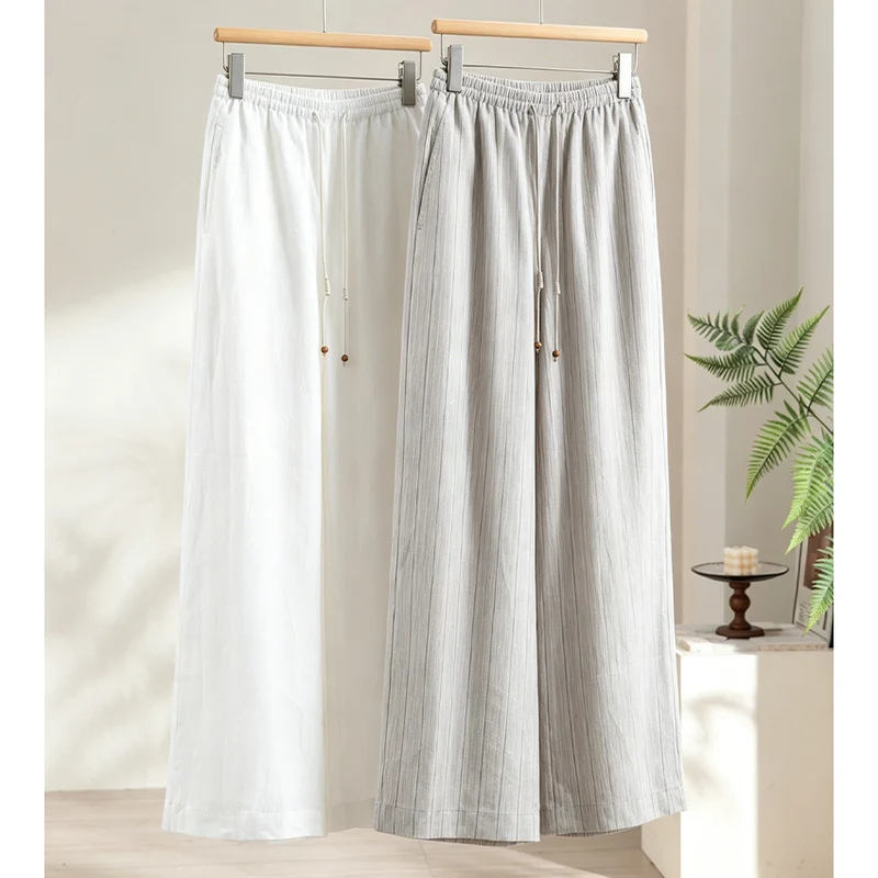 Damen Leichte Hochbund-Loungehose aus Leinenmix mit Tunnelzug und Nadelstreifen-Optik Nord Taschen