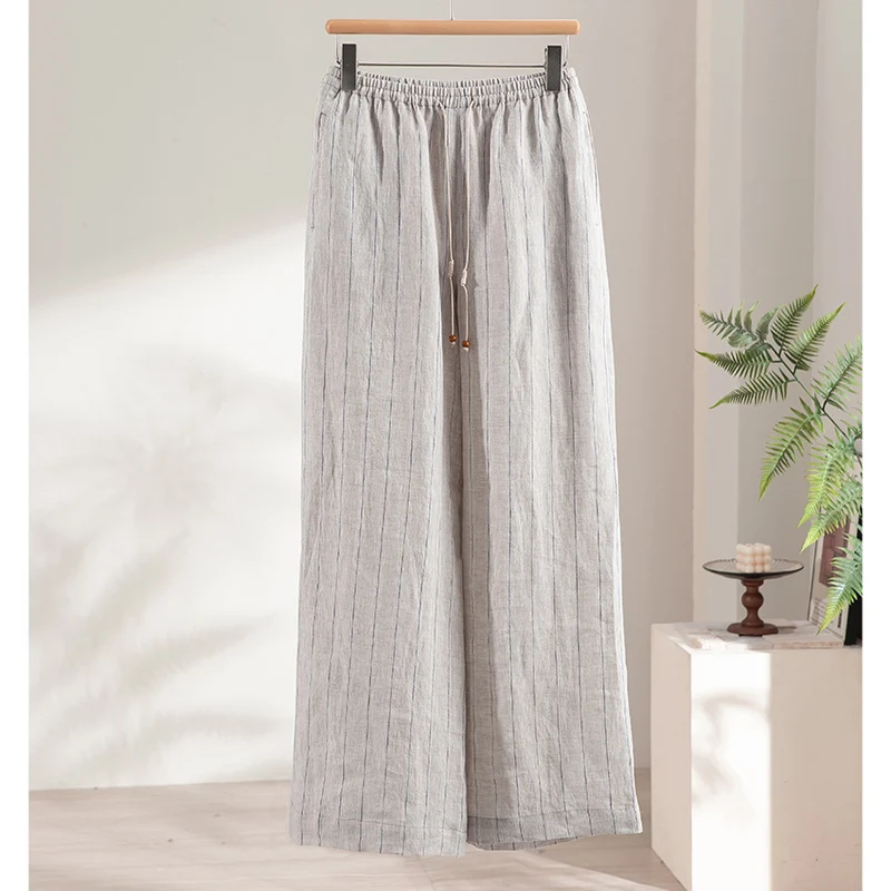 Damen Leichte Hochbund-Loungehose aus Leinenmix mit Tunnelzug und Nadelstreifen-Optik Nord Taschen