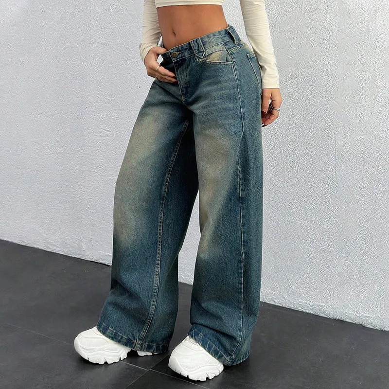 Damen Baggy-Jeans mit weitem Bein und Vintage-Waschung Nord Taschen
