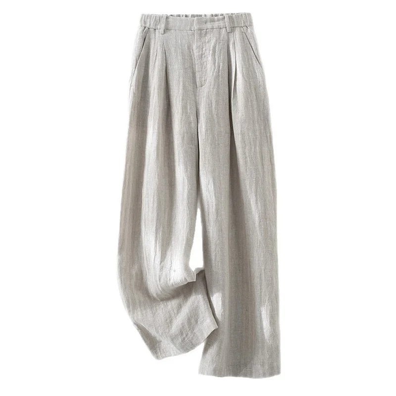 Damen Leichte High‑Waist Leinenmix Palazzohose mit weitem Bein, Bundfalten und elastischem Rückenteil Nord Taschen