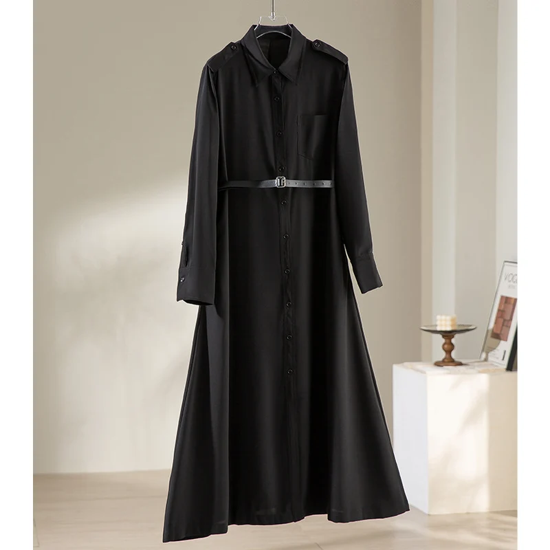 Damen Langes Hemdblusenkleid mit Taillengürtel, Schulterklappen und durchgehender Knopfleiste Nord Taschen