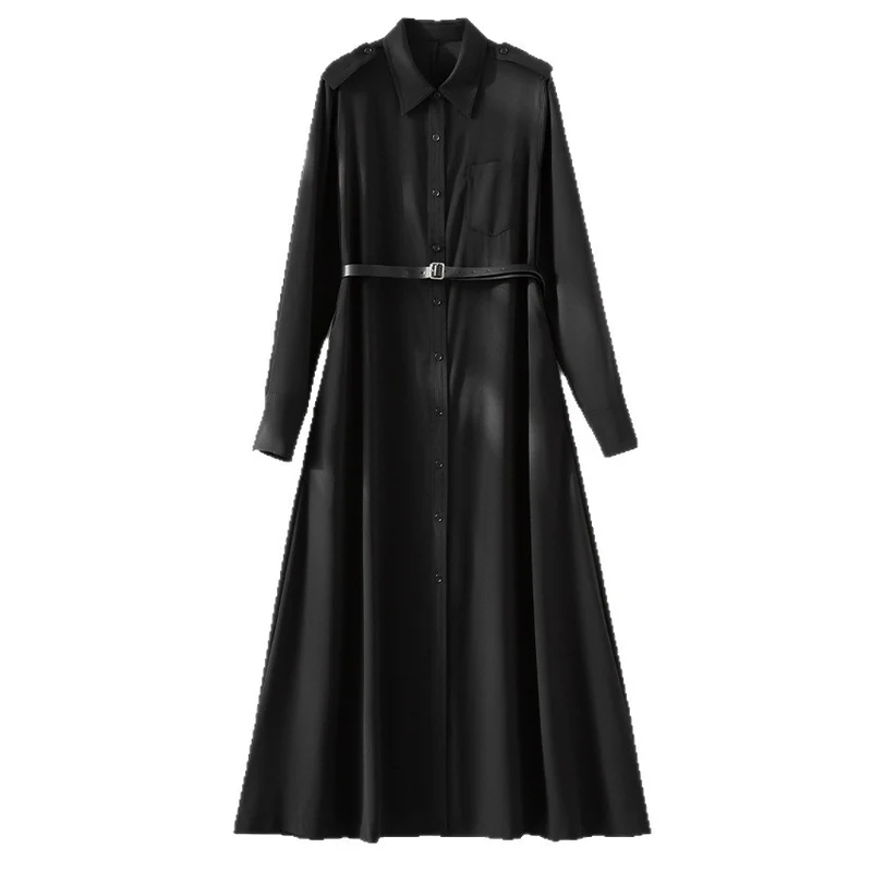 Damen Langes Hemdblusenkleid mit Taillengürtel, Schulterklappen und durchgehender Knopfleiste Nord Taschen