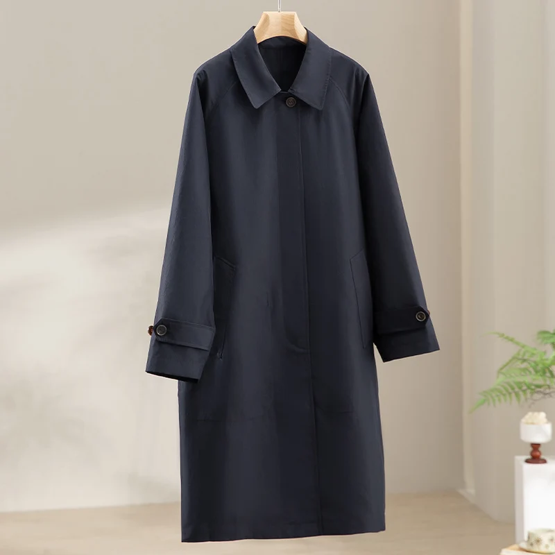 Damen Langer minimalistischer Trenchcoat mit verdeckter Knopfleiste und verstellbaren Manschetten Nord Taschen