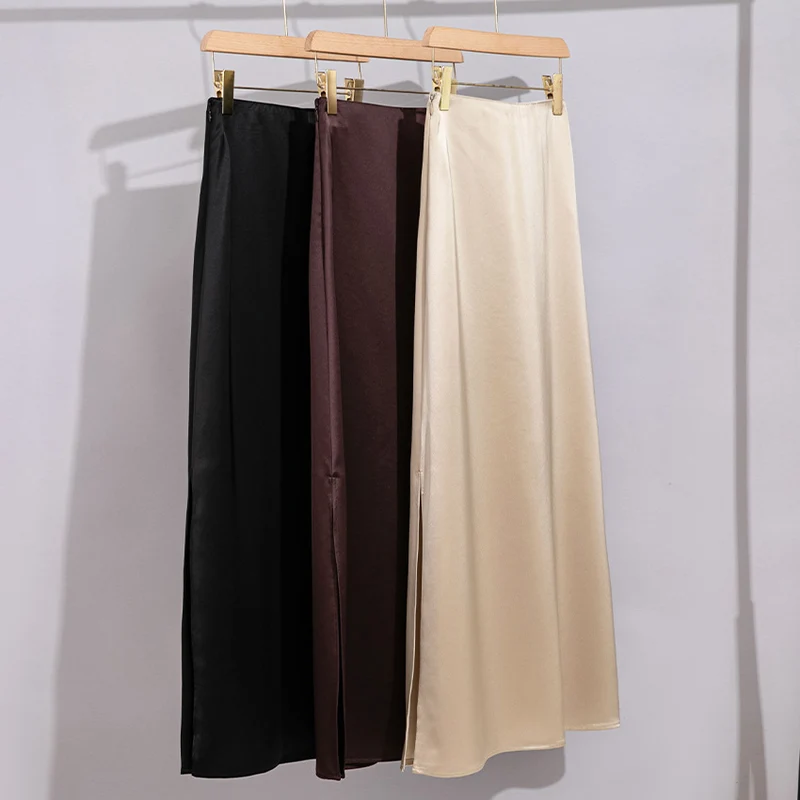 Damen Langer eleganter Satin-Biaisrock mit hohem Bund und fließender Silhouette Nord Taschen