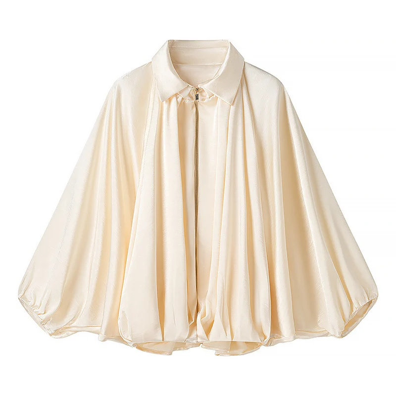 Damen Seidig-fließende Cape-Bluse mit Reißverschluss, Ballonärmeln und Hemdkragen Nord Taschen