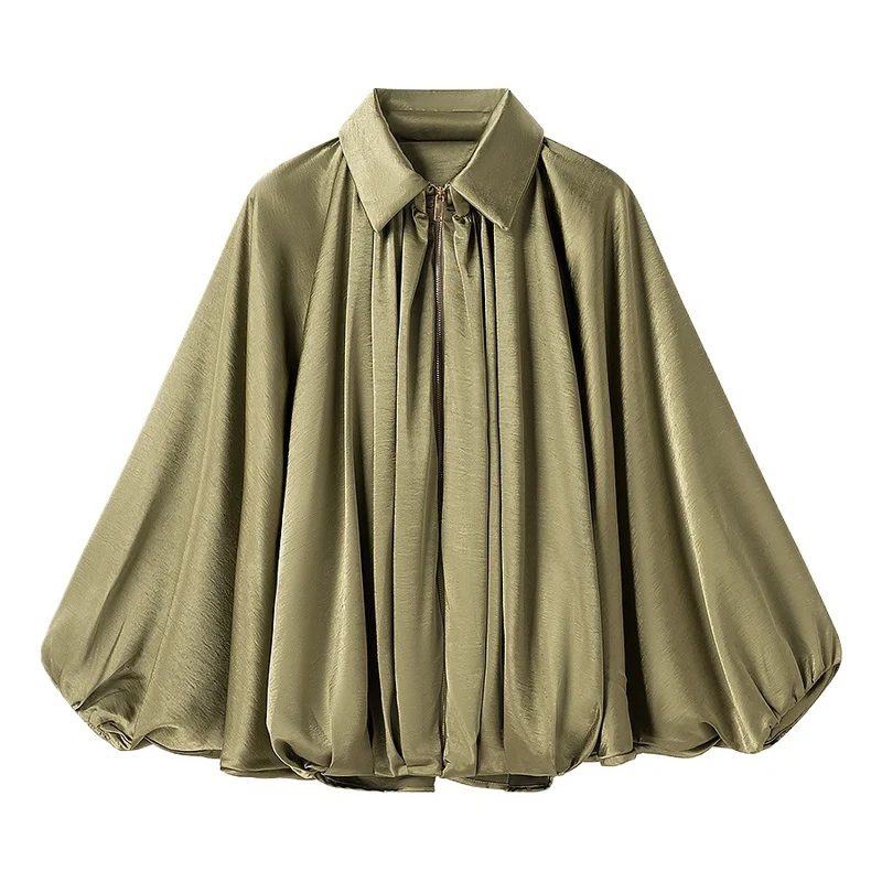 Damen Seidig-fließende Cape-Bluse mit Reißverschluss, Ballonärmeln und Hemdkragen Nord Taschen