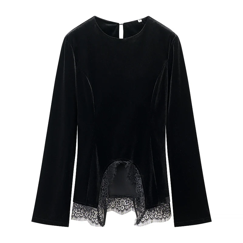 Damen Samtbluse mit Spitzen-Insert und asymmetrischem Spitzensaum Nord Taschen
