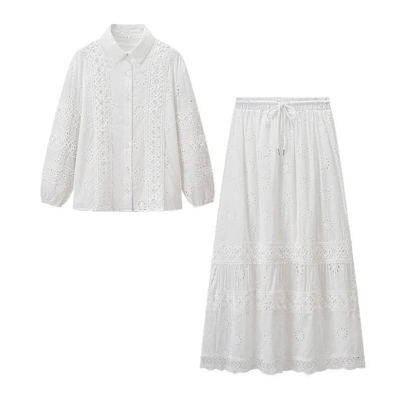 Damen Zweiteiliges Broderie-Anglaise-Set mit Hemdbluse und gestuftem Midirock Nord Taschen