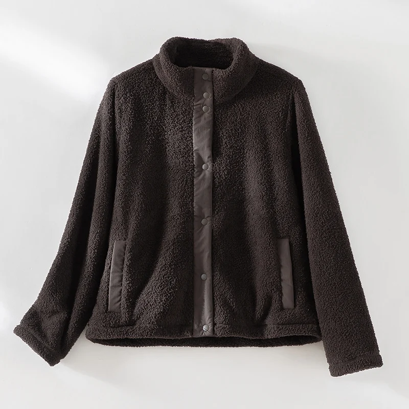 Damen kuschelige Teddy-Fleecejacke mit Stehkragen, Druckknopf-Leiste und kontrastierten Tascheneinfassungen Nord Taschen