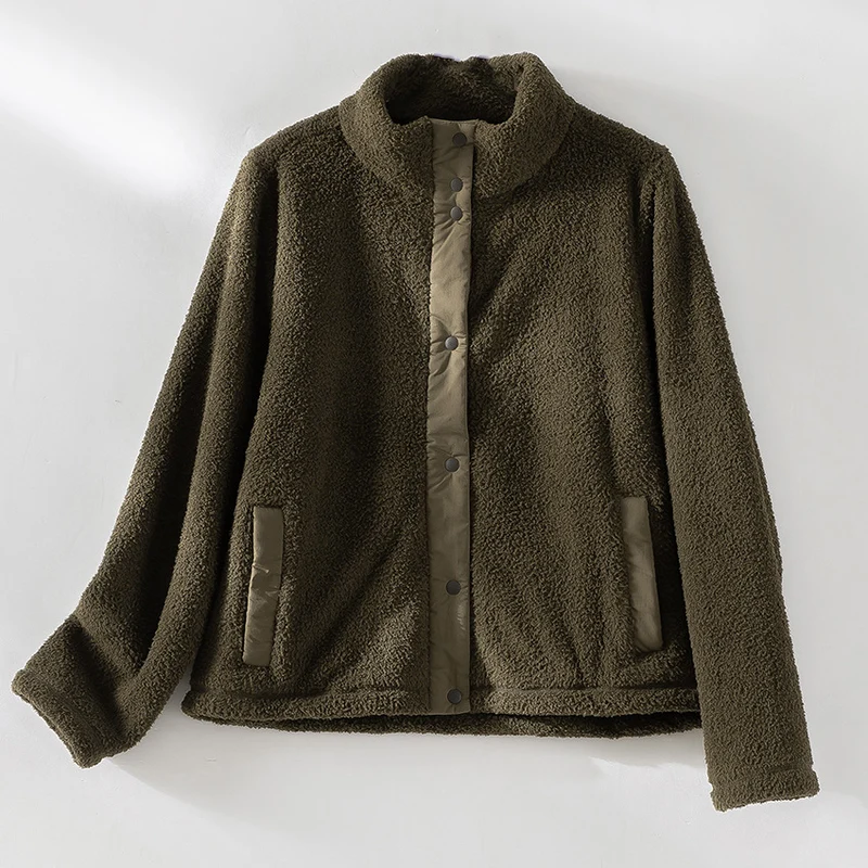 Damen kuschelige Teddy-Fleecejacke mit Stehkragen, Druckknopf-Leiste und kontrastierten Tascheneinfassungen Nord Taschen