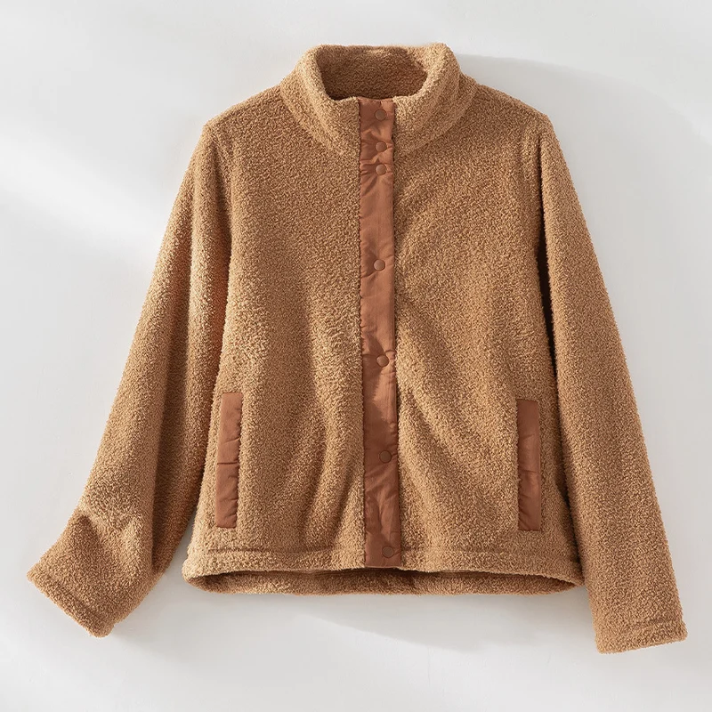 Damen kuschelige Teddy-Fleecejacke mit Stehkragen, Druckknopf-Leiste und kontrastierten Tascheneinfassungen Nord Taschen