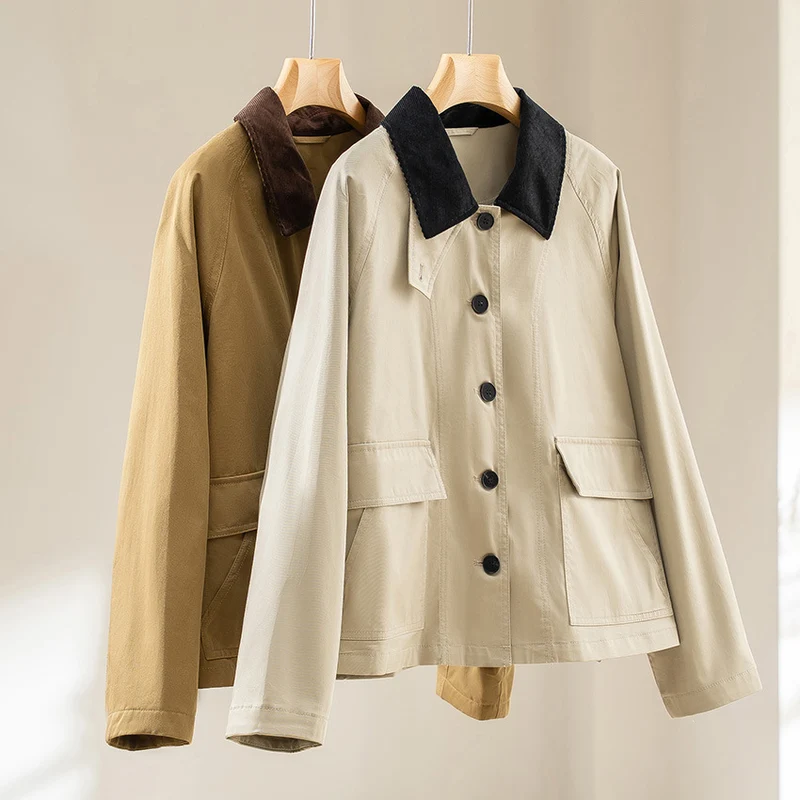 Damen Kurzjacke mit Cordkragen und aufgesetzten Taschen Nord Taschen
