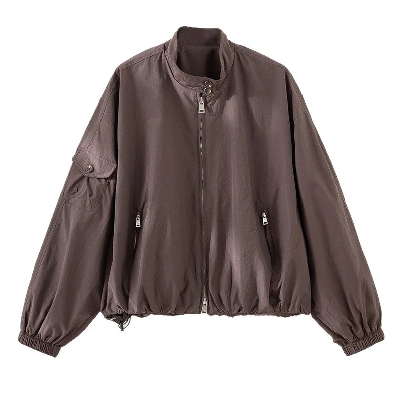 Damen Kurze technische Bomberjacke im Oversize‑Stil mit Ärmeltasche und Zwei‑Wege‑Reißverschluss Nord Taschen