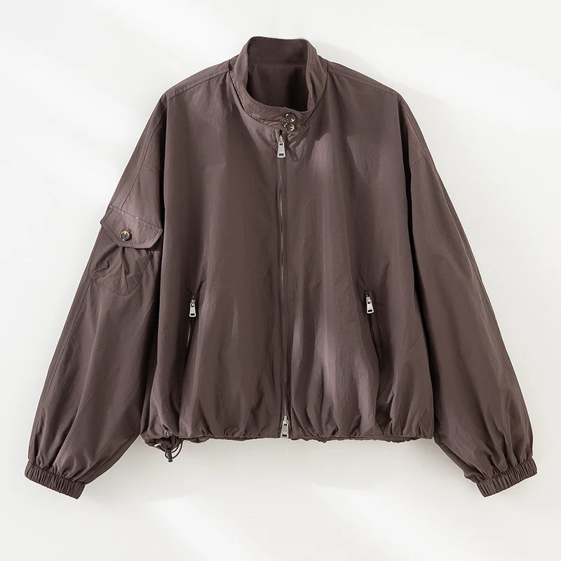 Damen Kurze technische Bomberjacke im Oversize‑Stil mit Ärmeltasche und Zwei‑Wege‑Reißverschluss Nord Taschen