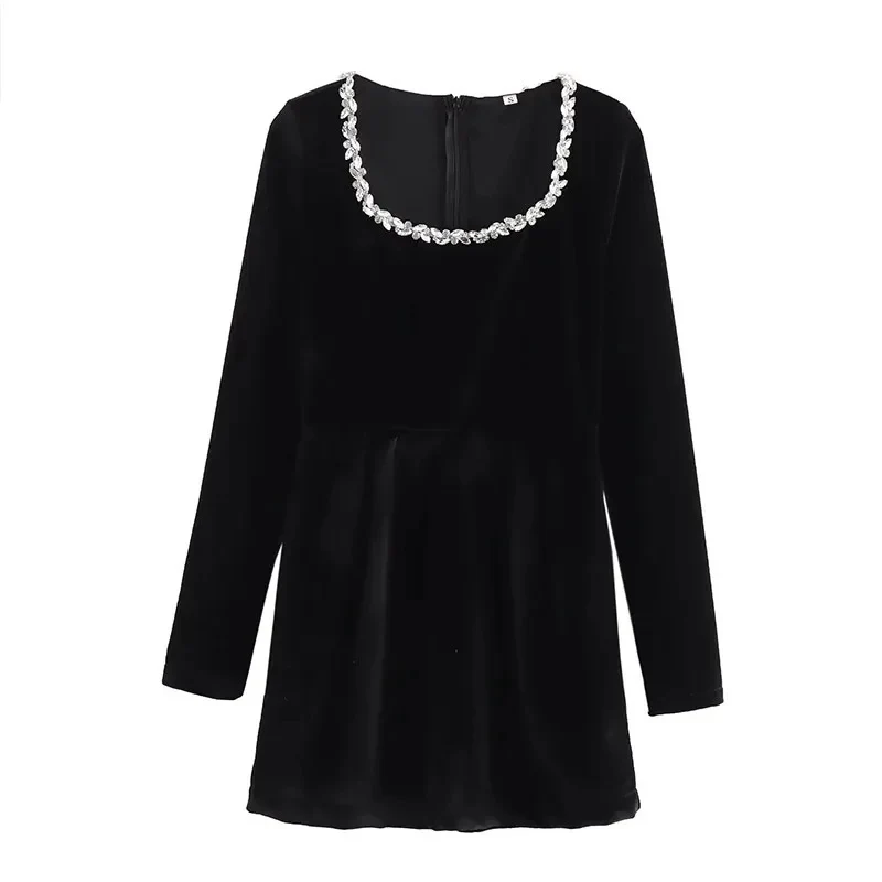 Damen Samt‑Minikleid mit quadratischem Ausschnitt, Perlenblütenbesatz und A‑Linien‑Silhouette Nord Taschen