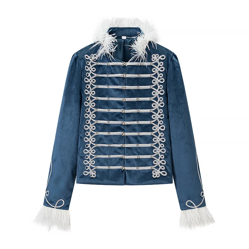 Damen Samt‑Militärjacke mit Zierriegeln und Federbesatz Nord Taschen