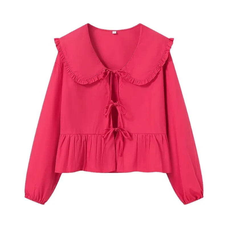 Damen Rüschige Cropped-Bluse mit übergroßem Kragen, Bindebändern und tailliertem Peplum Nord Taschen
