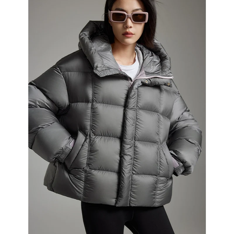 Damen Kurze Boxy‑Steppjacke mit Oversize‑Ärmeln, hohem Thermokragen und Kapuze Nord Taschen