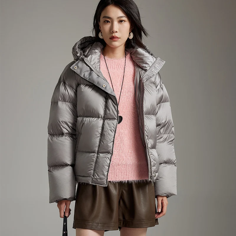Damen Kurze boxy gesteppte Daunenjacke mit Kapuze Nord Taschen