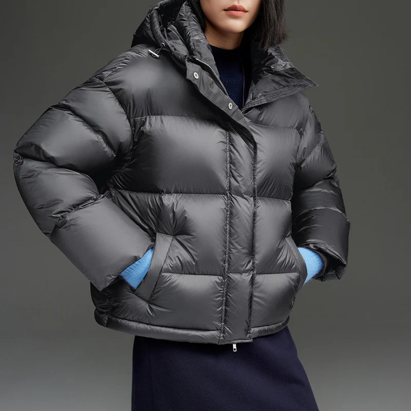 Damen Kurze boxy gesteppte Daunenjacke mit Kapuze Nord Taschen